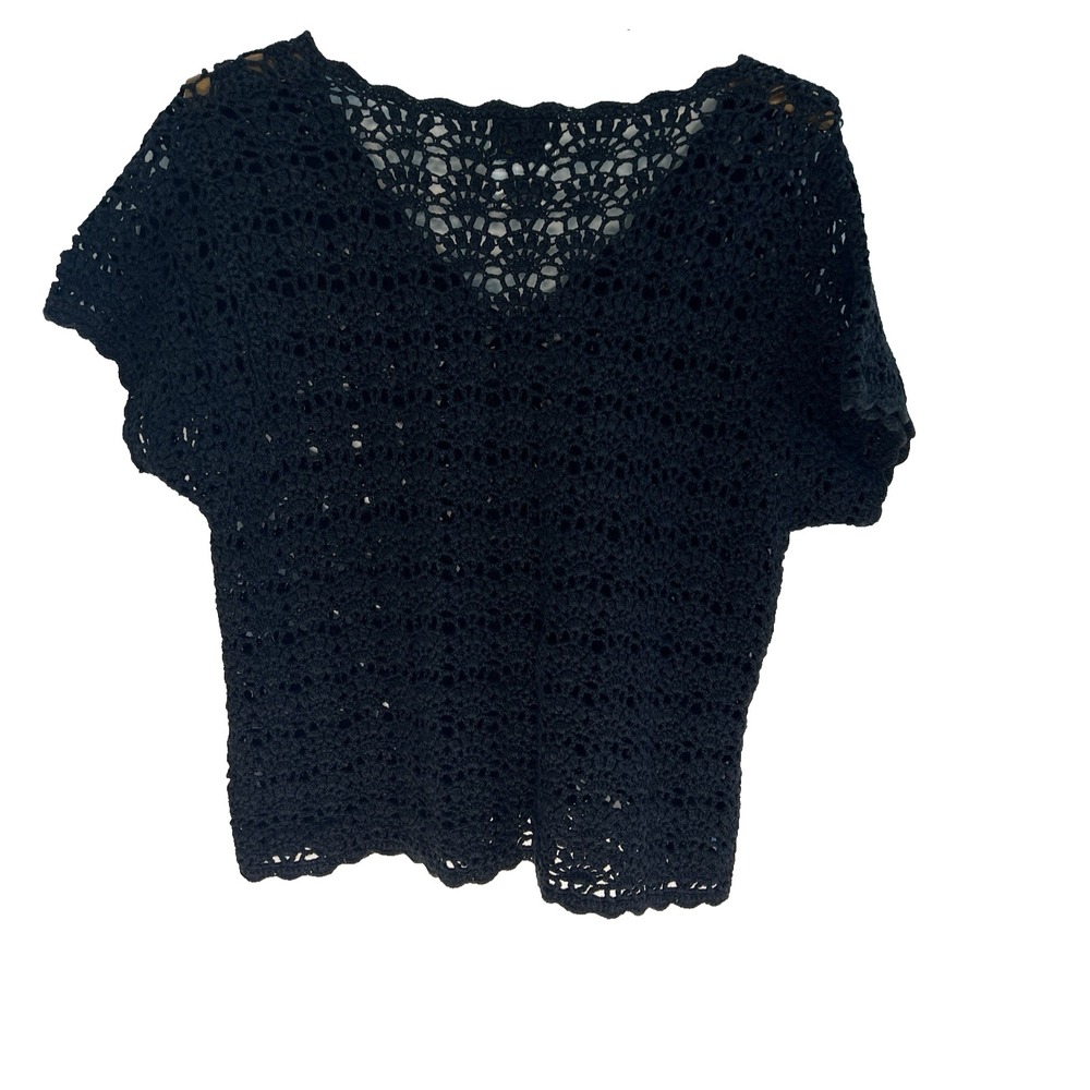 Vtg Granny Square Crochet Pull Over Black Sweater Top Women‎ L Boho Classy - Picture 2 of 9